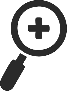 Ícone representando ampliação e foco em cuidados médicos, reforçando atenção e diagnóstico preciso