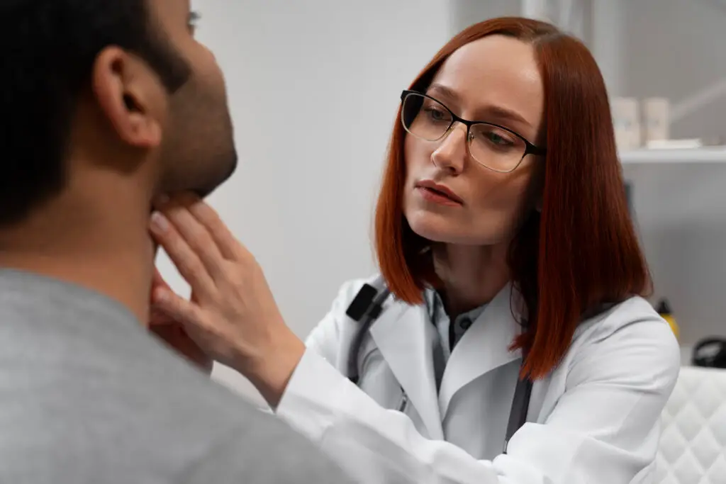 Consulta médica com avaliação da região do pescoço, reforçando diagnóstico cuidadoso e orientação adequada.