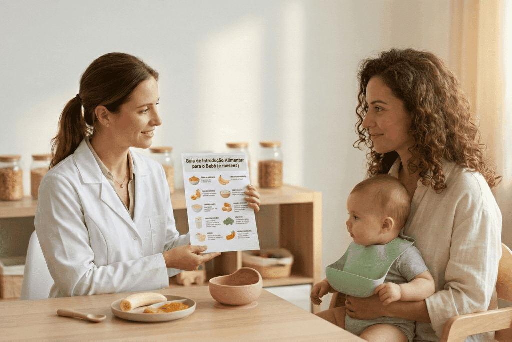 Orientação pediátrica sobre introdução alimentar, reforçando cuidado, segurança e acompanhamento do desenvolvimento do bebê.