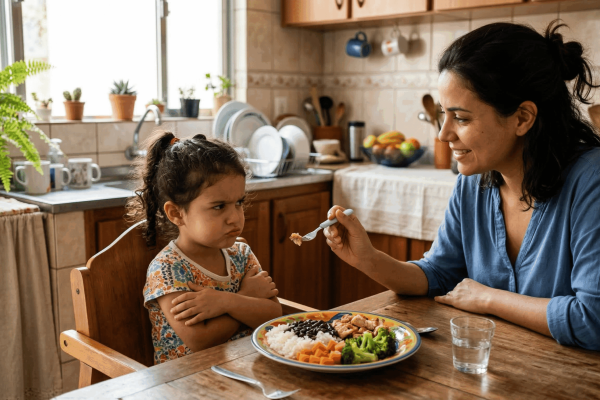 Criança pequena sentada à mesa fazendo careta para o prato de comida saudável enquanto a mãe tenta incentivar a alimentação, ilustrando dificuldade alimentar infantil.