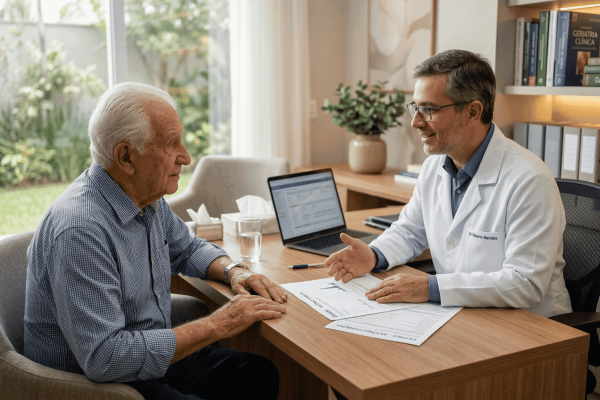 Médico geriatra conversando com paciente idoso durante consulta, avaliando sua saúde e orientando sobre cuidados para um envelhecimento saudável.