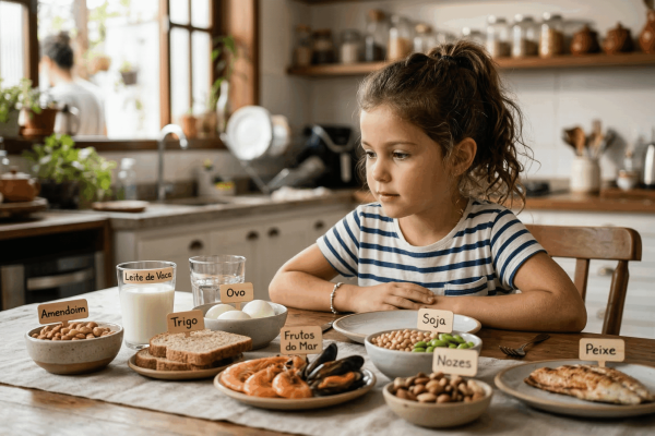 Criança em avaliação de possíveis alergias alimentares, destacando alimentos que podem causar reações e a importância do acompanhamento médico.