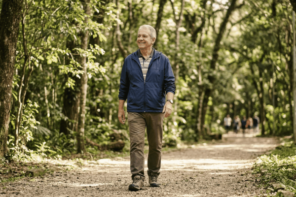 Idoso ativo caminhando ao ar livre em um parque durante o dia, demonstrando bem-estar e envelhecimento saudável, com ambiente natural e clima tranquilo que representa qualidade de vida na terceira idade.
