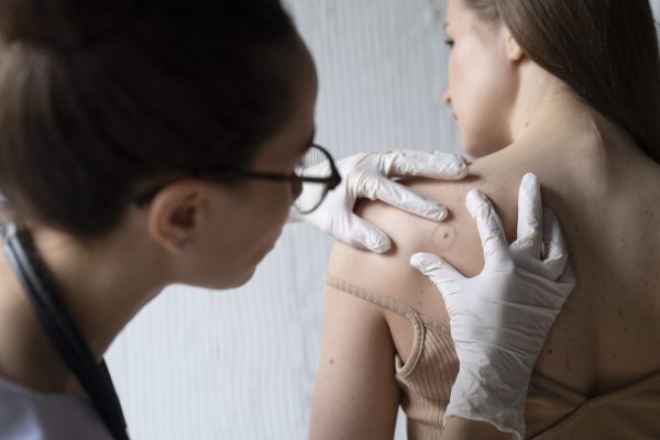 Avaliação dermatológica de lesão na pele, reforçando cuidado, prevenção e diagnóstico precoce