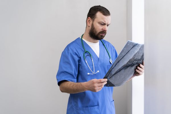 Profissional de saúde analisando exame de imagem, reforçando avaliação cuidadosa e precisão no diagnóstico